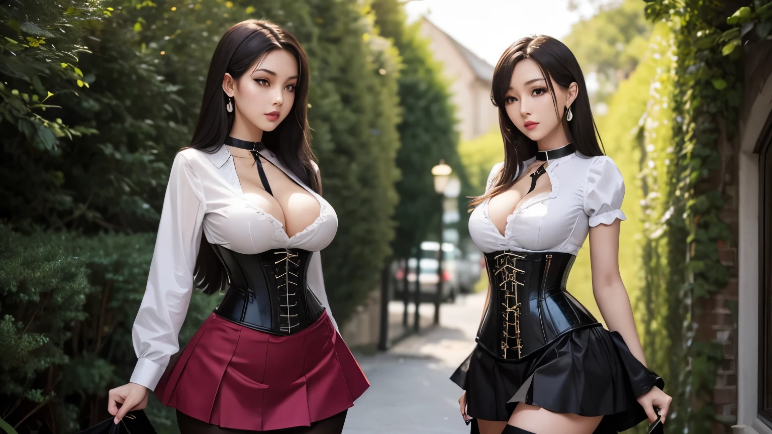 two girls, beautiful, slender, sexy, elastic breasts, elastic hips, elastic ass, makeup earrings, choker, blouse, corset, skirt, stockings, outdoors, hentai