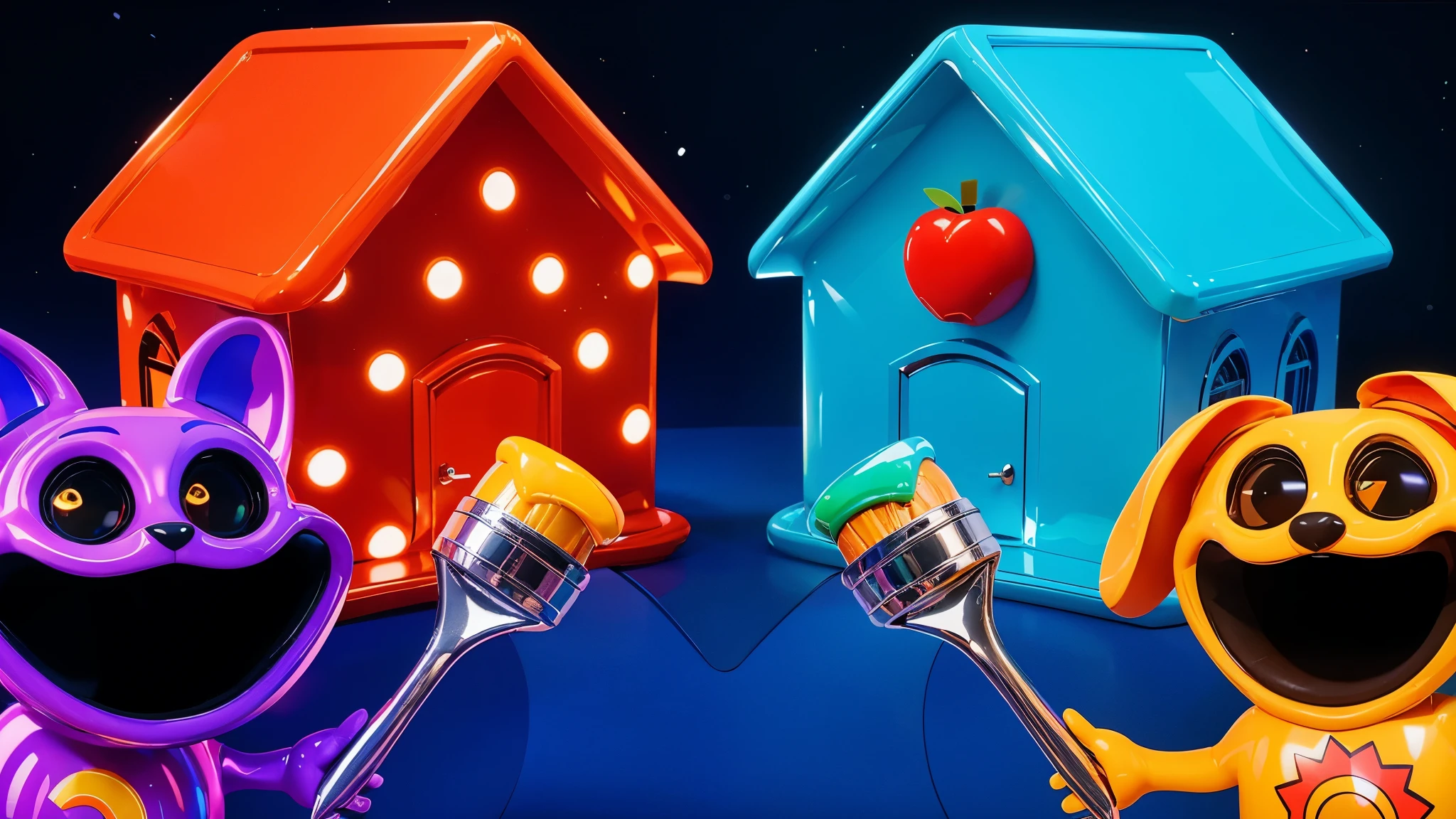 two cartoon characters standing next to each other, Electricsbunny, Holographic creatures, Beeple and Jeremiah Ketner, 🐋 as 🐘 as 🤖 as 👽 as 🐳, Rabbids at a metal concert, cute 3D rendering, 3D icon for mobile game, robot rabbit, Shiny metallic, 3D персонажи violet cat toy, toy cat laying on glossy metalic floor, glossy texture, smooth 3d model, multiple light sources, rim light, sharp post effects render, (glossy metallic texture with multiple big light probe refractions), perfect cgi, cgi art created only with gradients, smooth silhouette, high intensity refraction, (super glossy chrome material), most beautiful vfx, blue background, chrome metal refractions