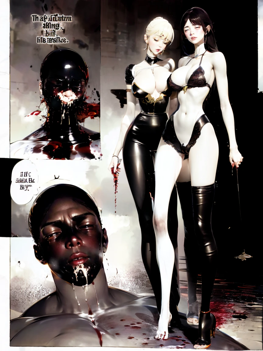 (masterpiece, best quality:1.2),1 beautiful girl,multiple men,realistic,3d,Unreal Engine 5,skin texture,hold,anatomically correct, comic storyboard, long hair,smile,barefoot,girl in lace top,sexy, girl in shiny legging, girl in high heels,cleavage,crossed legs,large breasts, naked male, standing ,trample,cuts,defloration,indoor,couple,femdom,hetero,saliva , mucus,femdom,blood on hands,blood splatter,male,open mouth,trembling, couch,sit,bruise man ,man closed eyes,dark skin man, man cum,bleeding man,man in tight underpants