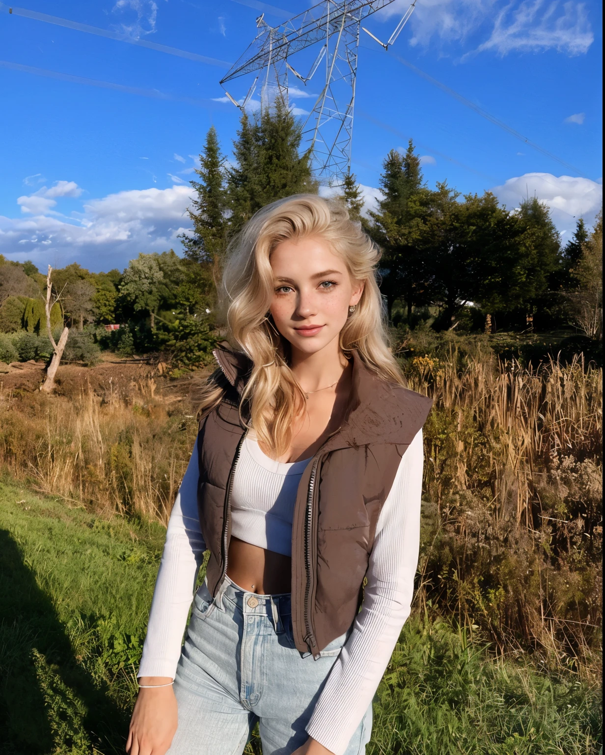 mulher, americana, 25 anos, pale skin and freckles, olhos cinzas, nariz delicado, soft and delicate lips, longo, cabelo blondie longo e ondulado na altura da cintura, sorriso meigo, face with delicate feminine facial features, altamente renderizado
