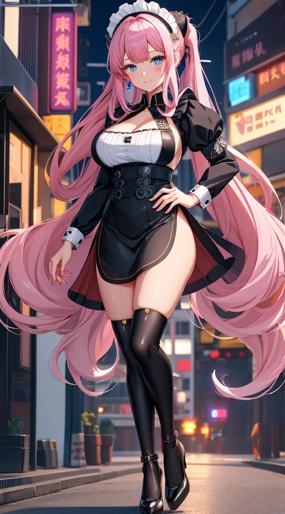 (best quality), 1 girl, ultra-detailed, illustration, yang guifei, standing, (maid:1.4), cleavage, maid apron, high heels Beautiful woman，1个Giant Breast Girl，pink haired woman，Fighting posture，black pantyhoses，black glove，Sports bra，jewely，shorter pants，J thighs。Pink hair，drill bit，Asymmetrical hair，Wear gold and silver(work of art), (masterpiece), (best quality), a, (blue eyes), wearing  nothing, brightly lit night city background, red bow, flowing hair , butts , full figure head to toes , standing beside poles ,, beautiful cute smile, wearing black leather shoes, heels shoes pink black color