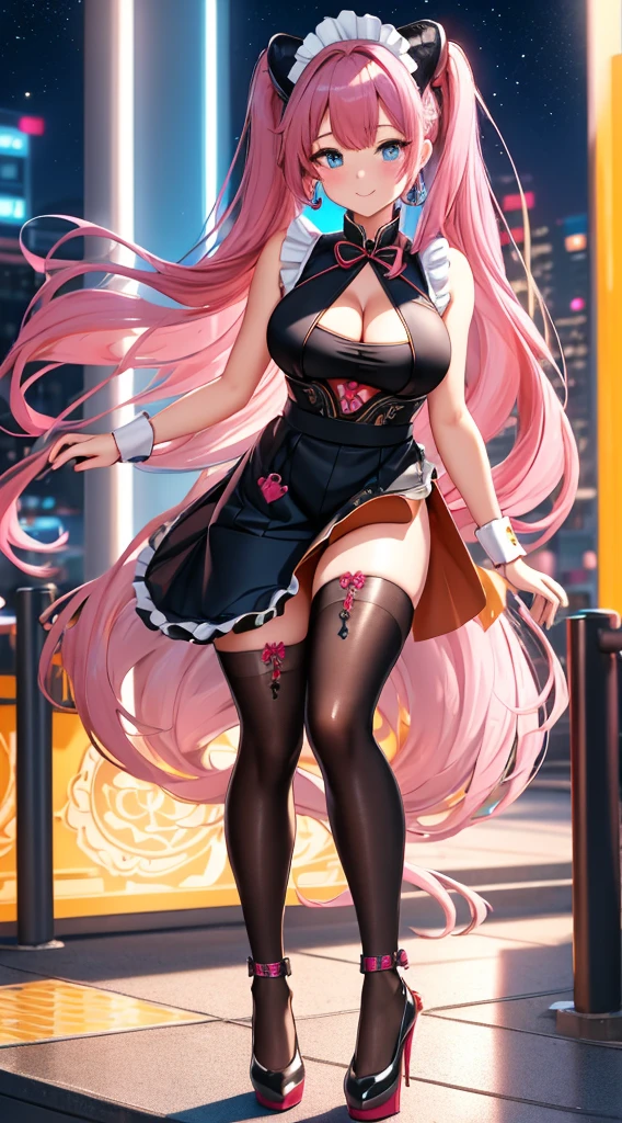 (best quality), 1 girl, ultra-detailed, illustration, yang guifei, standing, (maid:1.4), cleavage, maid apron, high heels Beautiful woman，1个Giant Breast Girl，pink haired woman，Fighting posture，black pantyhoses，black glove，Sports bra，jewely，shorter pants，J thighs。Pink hair，drill bit，Asymmetrical hair，Wear gold and silver(work of art), (masterpiece), (best quality), a, (blue eyes), wearing  nothing, brightly lit night city background, red bow, flowing hair , butts , full figure head to toes , standing beside poles ,, beautiful cute smile, wearing black leather shoes, heels shoes pink black color