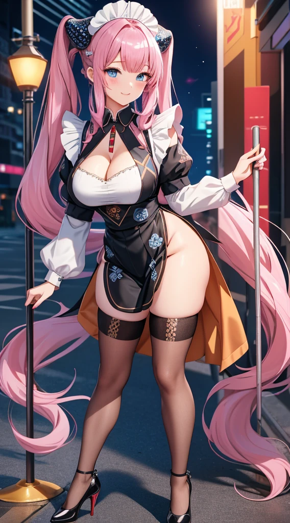 (best quality), 1 girl, ultra-detailed, illustration, yang guifei, standing, (maid:1.4), cleavage, maid apron, high heels Beautiful woman，1个Giant Breast Girl，pink haired woman，Fighting posture，black pantyhoses，black glove，Sports bra，jewely，shorter pants，J thighs。Pink hair，drill bit，Asymmetrical hair，Wear gold and silver(work of art), (masterpiece), (best quality), a, (blue eyes), wearing  nothing, brightly lit night city background, red bow, flowing hair , butts , full figure head to toes , standing beside poles ,, beautiful cute smile, wearing black leather shoes, heels shoes pink black color