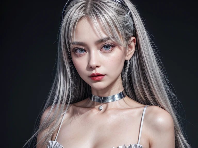 Female ((30year old)), hair ((silver, long)), eyes ((silver, small eyes)), clothes ((satin, short hands dress)), accessories ((chocker, hairpin)), mini breast, flat , bold make-up, red lips,