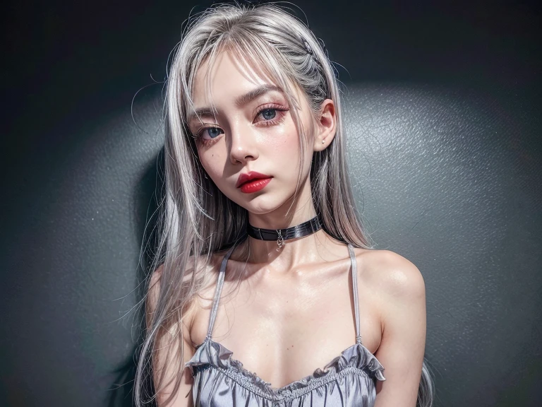 Female ((30year old)), hair ((silver, long)), eyes ((silver, small eyes)), clothes ((satin, short hands dress)), accessories ((chocker, hairpin)), mini breast, flat , bold make-up, red lips,