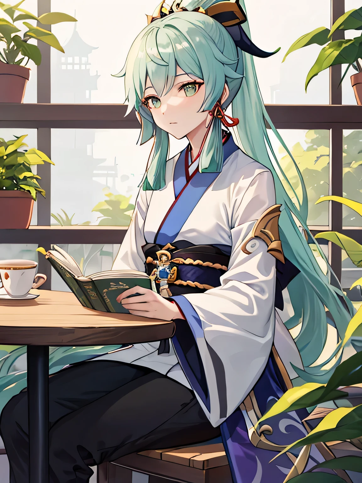 man in a tea shop, sitting down, reading a book, male, green hair, long hair, high ponytail, detailed eyes, keqing from genshin impact, genshin impact character, genshin, baizhu li from genshin impact, ayaka game genshin impact, genshin impact, shadowverse style, genshin impact style, light green hair, purple hanfu
