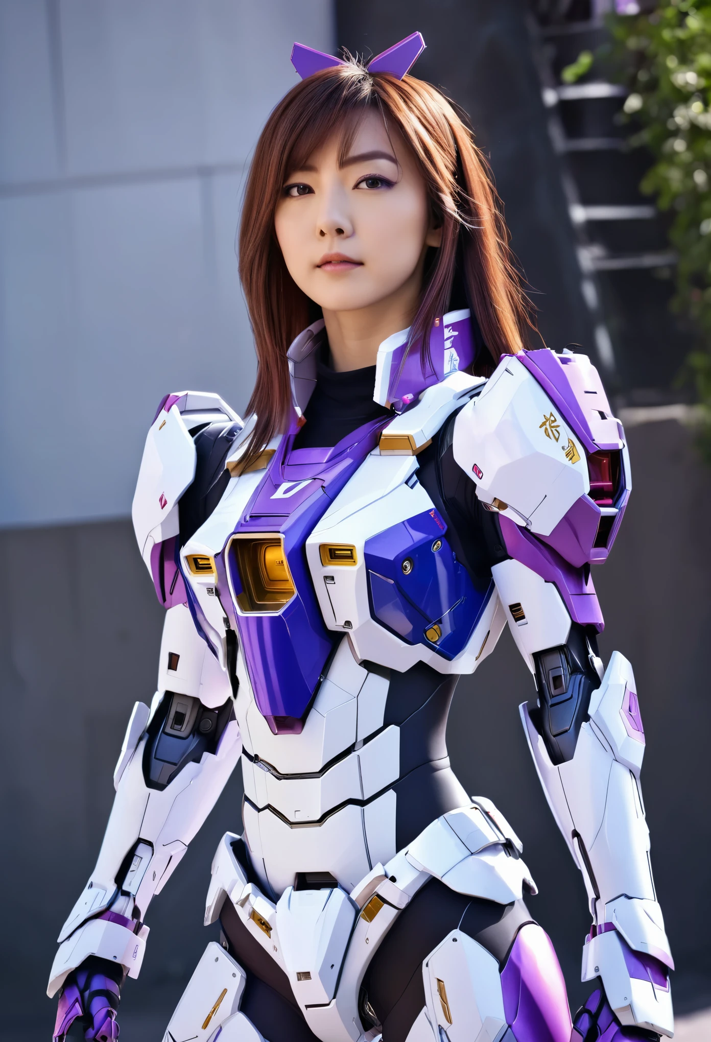 RAW, Masterpiece, Ultra Fine Photo,, Best Quality, Ultra High Resolution, Photorealistic, Sunlight, Full Body Portrait, Stunningly Beautiful,, Dynamic Poses, Delicate Face, Vibrant Eyes, a full body of a woman in a purple and white gundam custume, dybamic pose, long brown very very long hair rapunzel, girl in mecha cyber armor, portrait armored astronaut girl, d. va from overwatch, female mecha, on a gundam, gundam head, chiho aoshima color scheme, mobile suit, streamlined purple armor, fully robotic!! girl, realistic cosplay, gundam armor (dynamic pose) (best cameraview), full body, sit down, full body