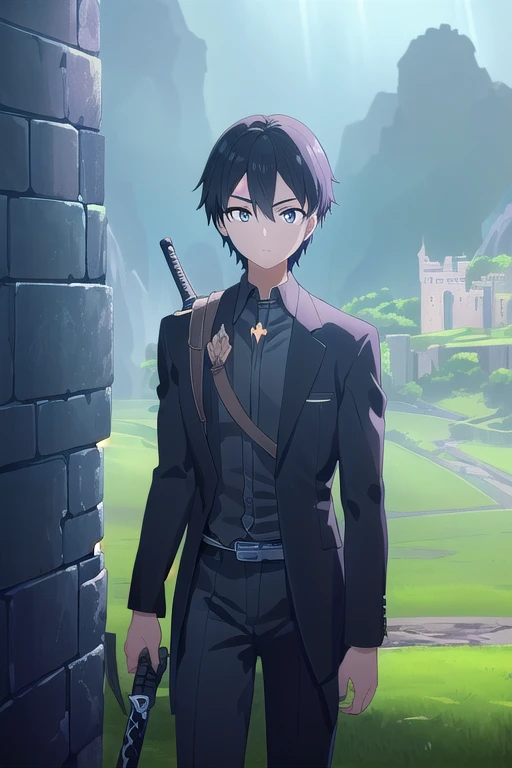 A boy, short black hair, black suit, carrying a black katana, (best quality: 1.2), highly detailed, realistic: 1.37, full body portrait, deep colors, soft lighting, castle background, green landscape., BREAK looking at the viewer, (cowboy shot:1.5), BREAK (masterpiece:1.2), best quality, high resolution, 8k unity wallpaper, (illustration:0.8), (beautiful eye detail:1.6), highly detailed face, lighting perfect, highly detailed CG, (perfect hands, perfect anatomyA boy, short black hair, black suit, carrying a black katana, (best quality: 1.2), highly detailed, realistic: 1.37, full body portrait, deep colors, soft lighting, castle background, green landscape., BREAK looking at the viewer, (cowboy shot:1.5), BREAK (masterpiece:1.2), best quality, high resolution, 8k unity wallpaper, (illustration:0.8), (beautiful eye detail:1.6), highly detailed face, lighting perfect, highly detailed CG, (perfect hands, perfect anatomy