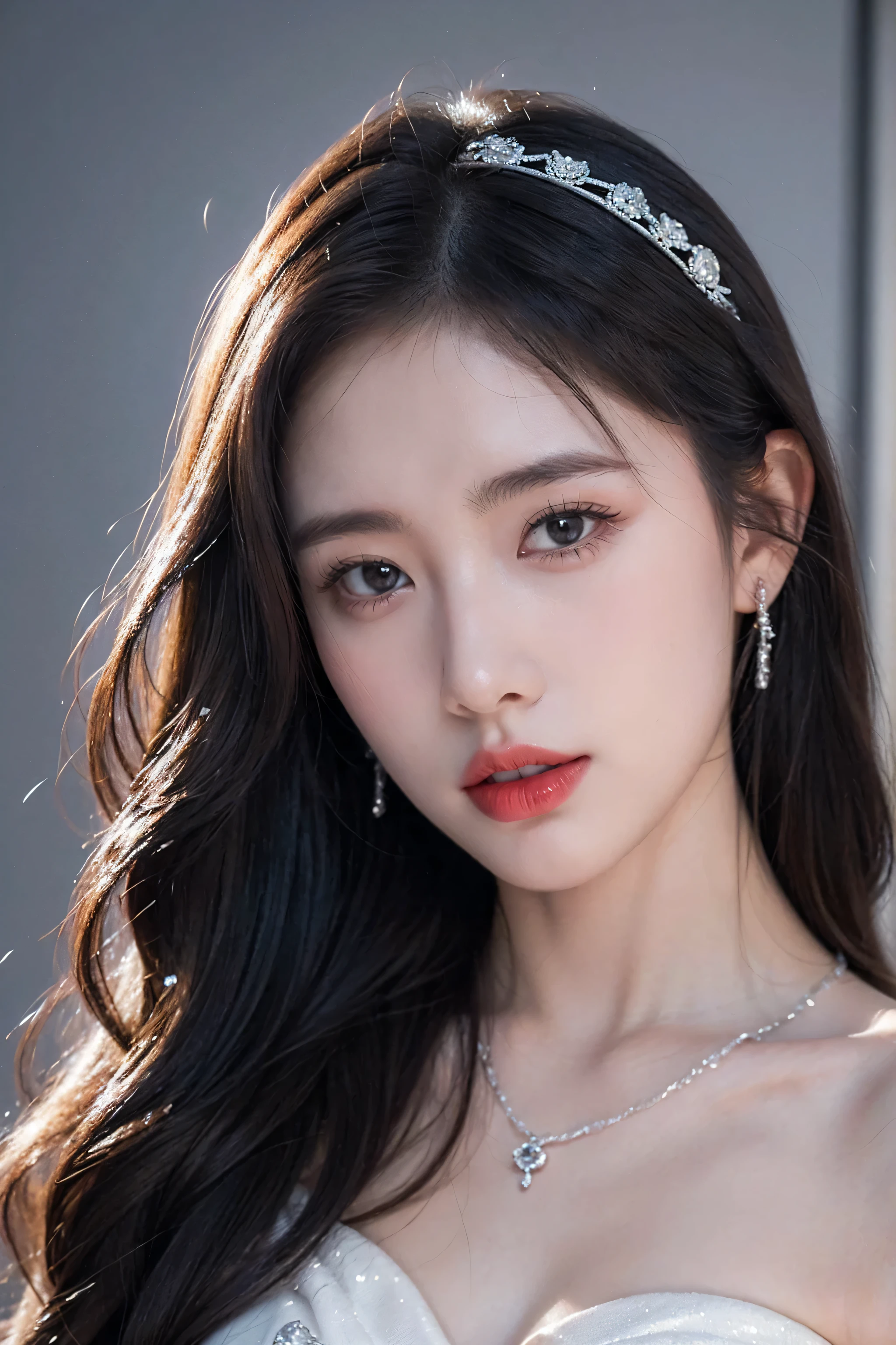 Top CG, Highest image quality, masterpiece, Gentle beautiful girl, (185cm美女), (fit), Imperial sister, Queen temperament, White skin, ((Long legs)), perfect facial features, Bright Eyes, Seductive pose, Red lips, Beautiful and cold (A major breakthrough)), Beautiful and heroic, Soft and long hair, sparkling, Lace, net, Visible through clear skin, wear glasses, diamond earrings, ruby neckLace, (evening dress), 8K Image Quality, (Realistic Portraits), Characters fill the screen, (Facial lighting), ((Everlasting)