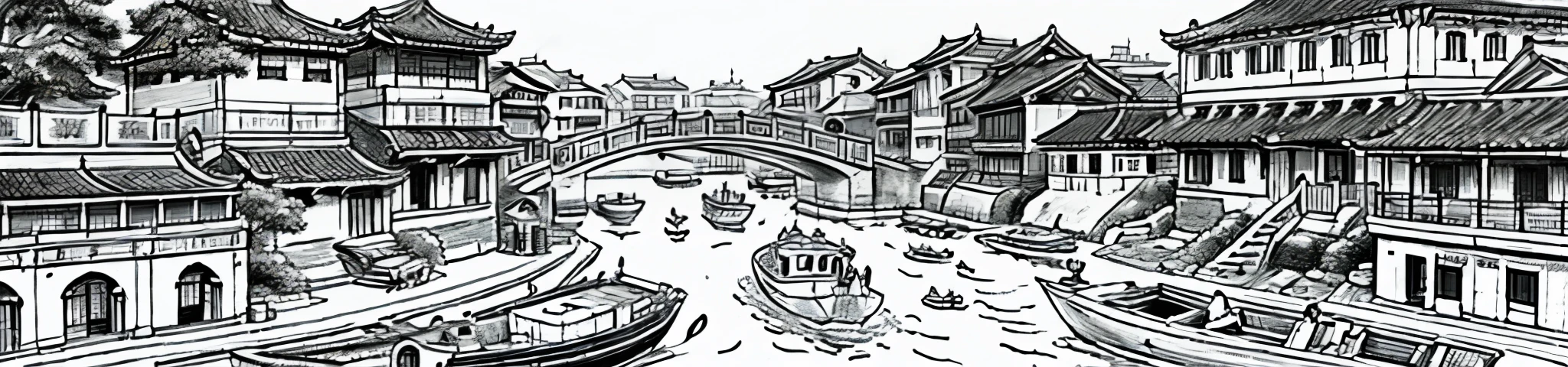 only black and white clour drawing of a river with boats and buildings in it, cg society contest winner, modern european ink painting, chinese brush pen illustration, dreamy chinese town, detailed art, highly detailed illustration, traditional korean city, highly detailed ink illustration, detailed ink illustration, detailed sumi-e illustration