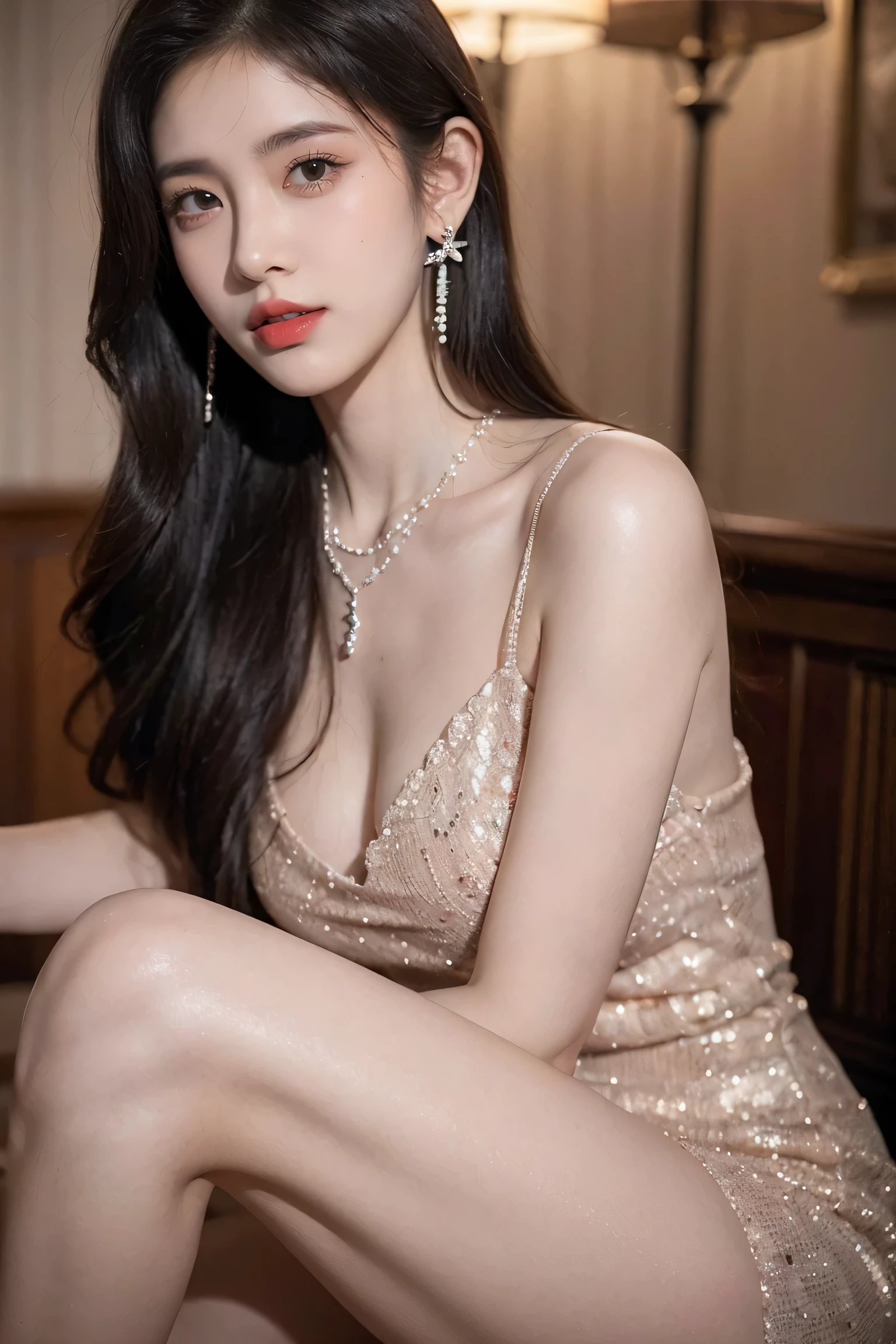 Top CG, Highest image quality, masterpiece, Delicate and delicate beautiful girl, (185cm美女), (Slender figure), Imperial sister, Queen temperament, White skin, ((Long legs)), perfect facial features, Bright Eyes, Seductive pose, Red lips, Beautiful and cold (A major breakthrough)), Beautiful and heroic, Soft and long hair, Glittering, lace, net, Visible through see-through skin, wear glasses, diamond earrings, ruby necklace, (evening dress), 8K Image Quality, (Realistic Portraits), Characters fill the screen, (Facial lighting), ((permanent)