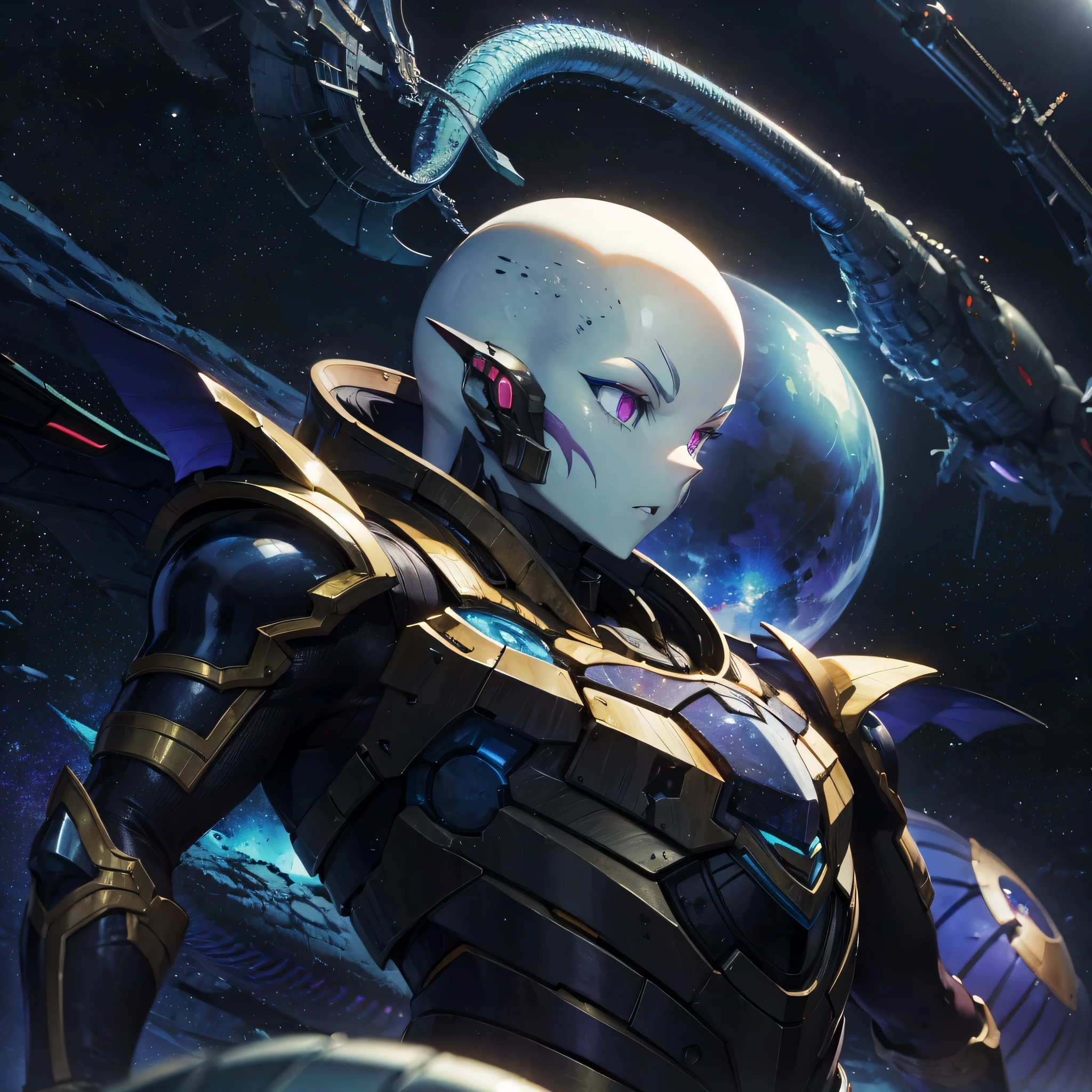 krill, man, bald, white skin, scales, alien, spiked chin,black armor, scifi starship background,