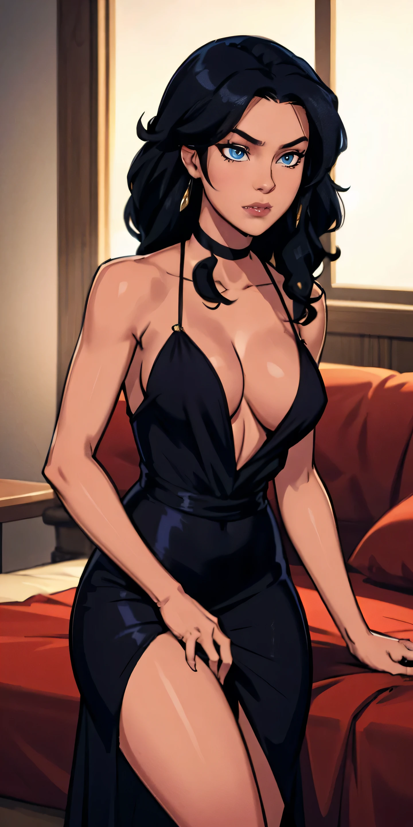Beautiful hot girl wearing beautiful dress smiles in cute way with beautiful eyes And curly black hair