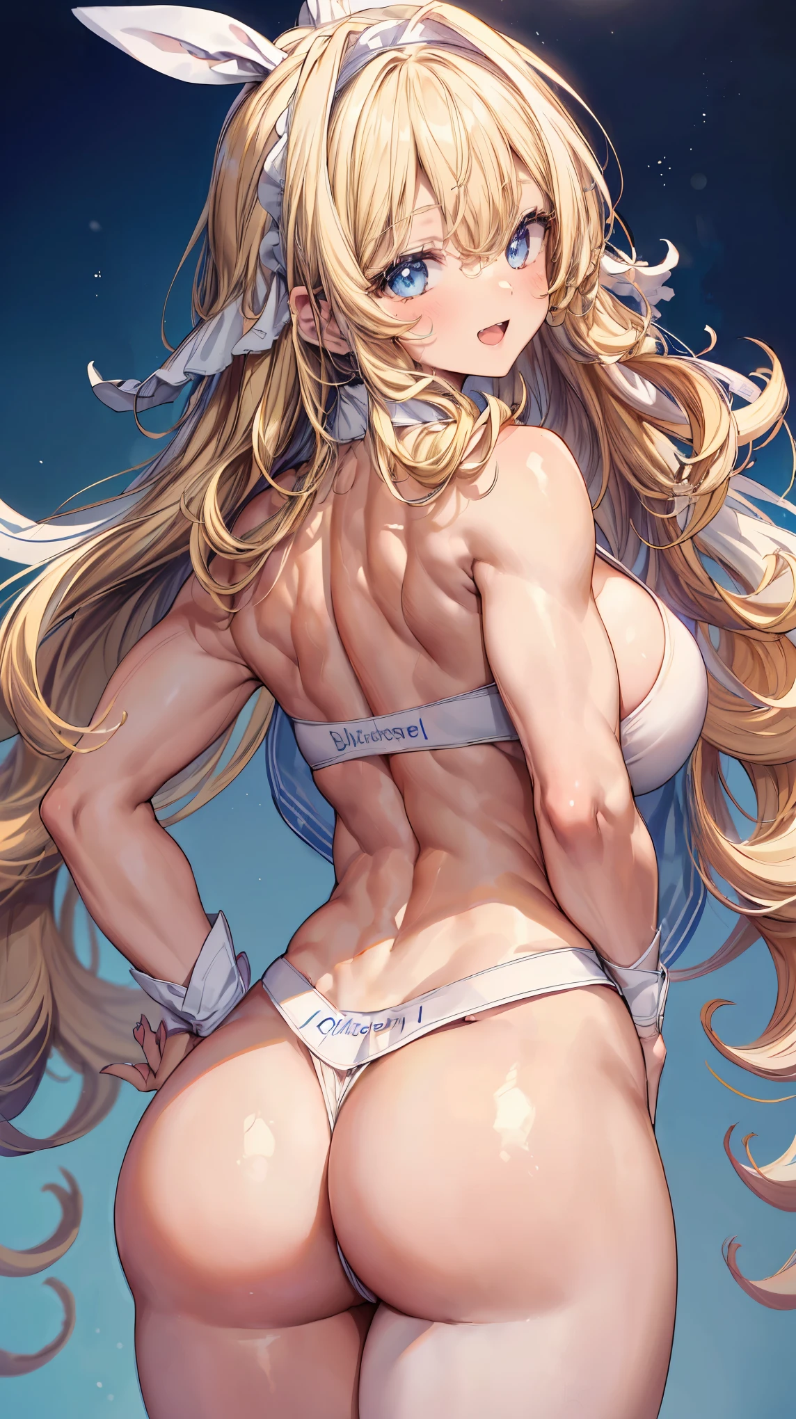 Super detailed、highest quality、Best image quality、masterpiece、8K、Anime Face、A kind smile、Open Mouth、Sparkling Blue Eyes、(Long blonde curly hair:1.4)、Wearing a maid headband、(SFW huge body)、(((Rear view)))、Cowboy Shot、(Wearing a white thong:1.5)、Muscles of the whole body、Hands on hips、Stick your ass out