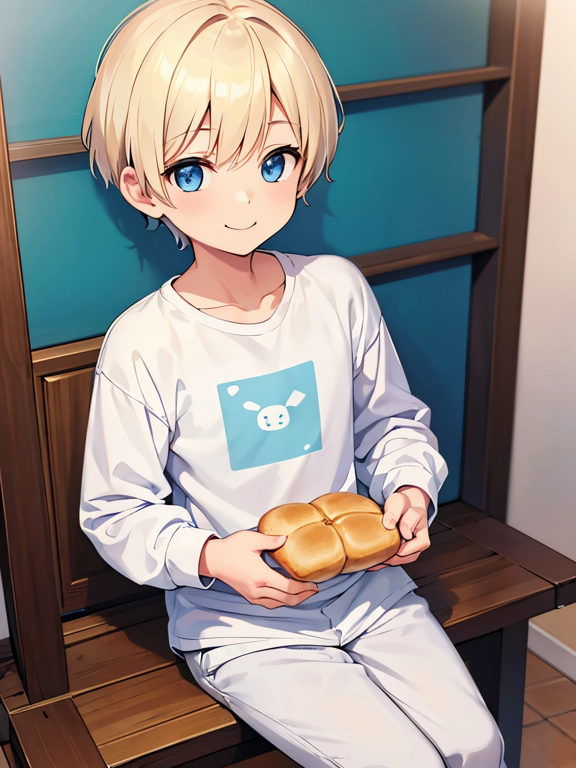 Baby boy,guy,1 years old,Holding bread, eating bread, smiling,,Short blonde hair, pixie cut,blue eyes, super cute, very cute, wearing White long sleeve t-shirt, white shorts, Plain t-shirt,Sitting in prison,half body photo