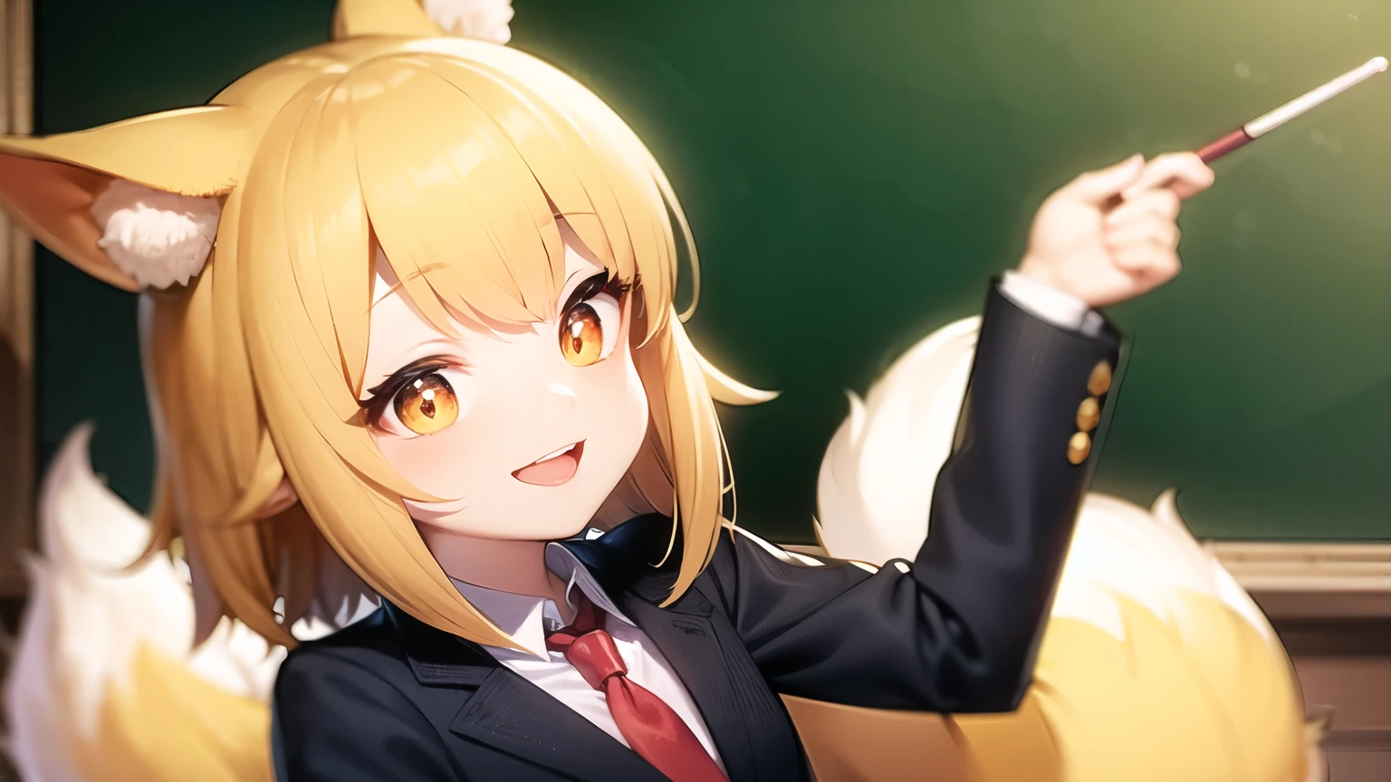 best quality, masterpiece, detailed, perfect face, senko-san, kitsune, , blackboard, chalk, points to, shows on blackboard, teaches, black suit, smile, 1 person, pointer, red tie, kind eyes, yellow eyes, Points to blackboard, wooden pointer in hand, calm, sewayaki kitsune no senko-san, brown fox ears, brown ears, flower barrette,