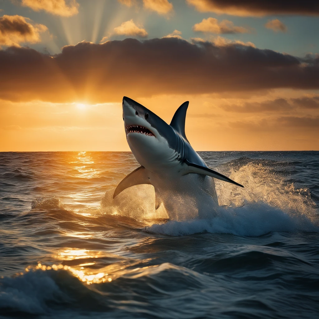 A shark head sticks out of the water, with sun shining overhead and an ocean in the background, a large fishing boat not far away 