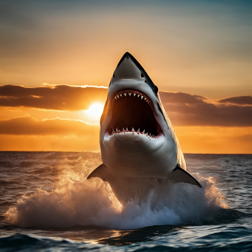 A shark head sticks out of the water, with sun shining overhead and an ocean in the background, a large fishing boat not far away