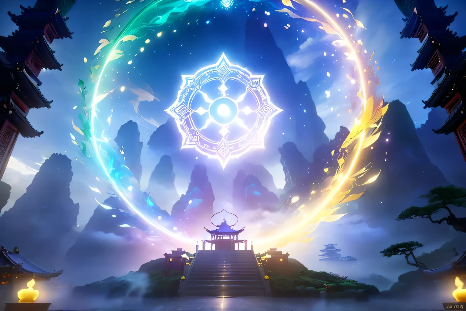 Photo taken from the front of a circular building, Duelist Style, Onmyoji detailed art, g liulian art style, 8K HD wallpaper JPEG artifact, 8K HD wallpaper JPEG artifact, League of Legends Arcane, Inspired by Gong Xian, Concept Art Magic Highlights, background artwork, Mythical Temple of the Universe