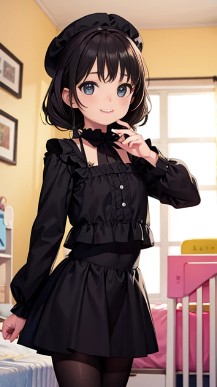 ((masterpiece)),((highest quality)),((Anatomical)),((Realistic)),((Detailed Description)),((cute)),((((Cute kids room for girls)))),(((1 ))),((Beautiful Eyes)),((Baby Face)),((((Bewitching Smile)),(((black mourning clothes))),((Black tights)),