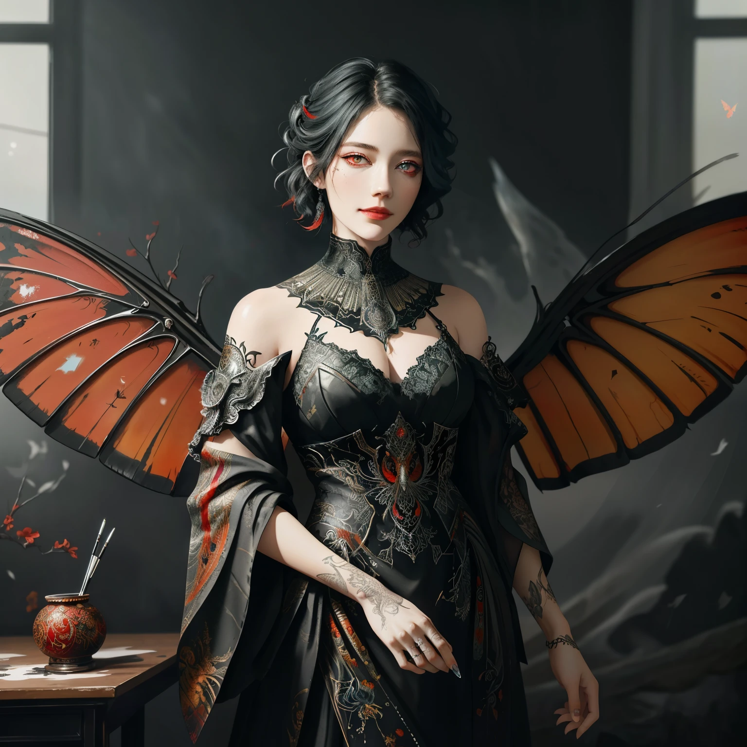 Colorful beautiful woman: Black ink flow: 8k resolution photorealistic masterpiece: by Aaron Horkey and Jeremy Mann: intricately detailed fluid gouache painting: by Jean Baptiste Mongue: calligraphy: acrylic: watercolor art, professional photography, natural lighting, volumetric lighting maximalist photoillustration: by marton bobzert: 8k resolution concept art intricately detailed, complex, elegant, expansive, fantastical, short hair, updo, bloody-red eyes, red eyes, ironic smile, dark butterfly wings, large wings 