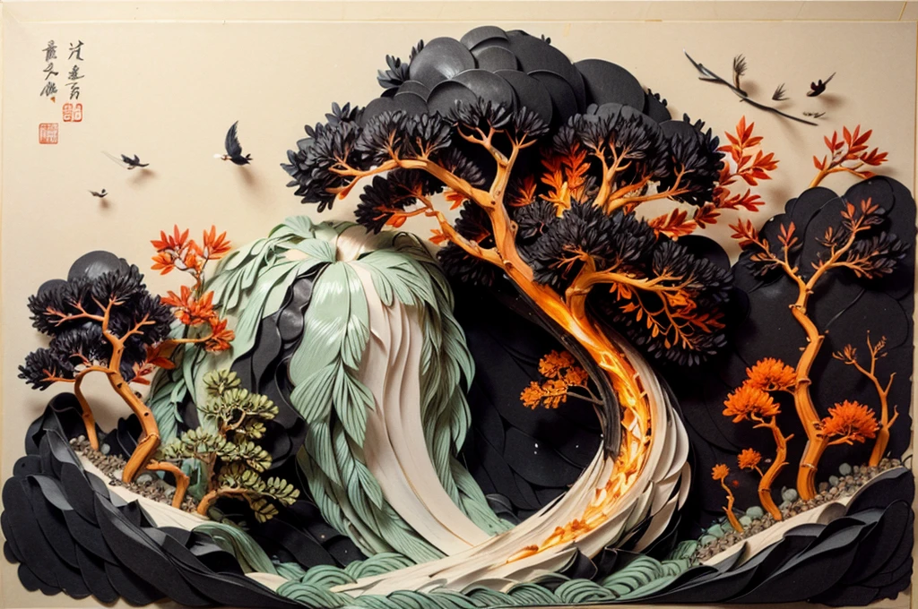 shukezouma, shuimobysim, ((starling)), willow branches, (masterpiece, best quality: 1.2), ((Traditional Chinese ink painting)), model style, bamboo branches, bamboo, wuchangshuo, red, orange, black, fire, starling, bird