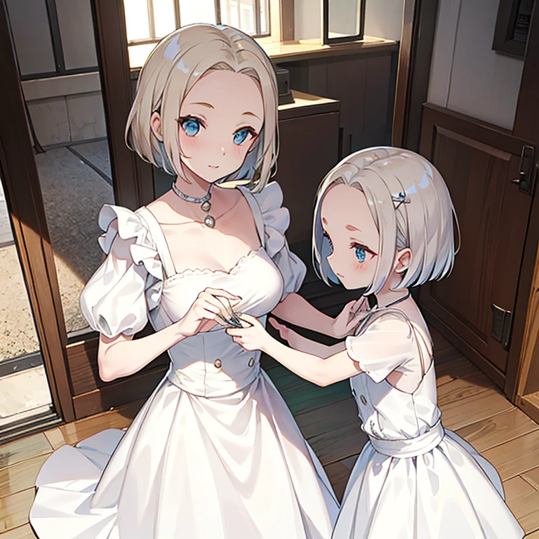Older sister, beautiful, short bob, forehead exposed, white dress