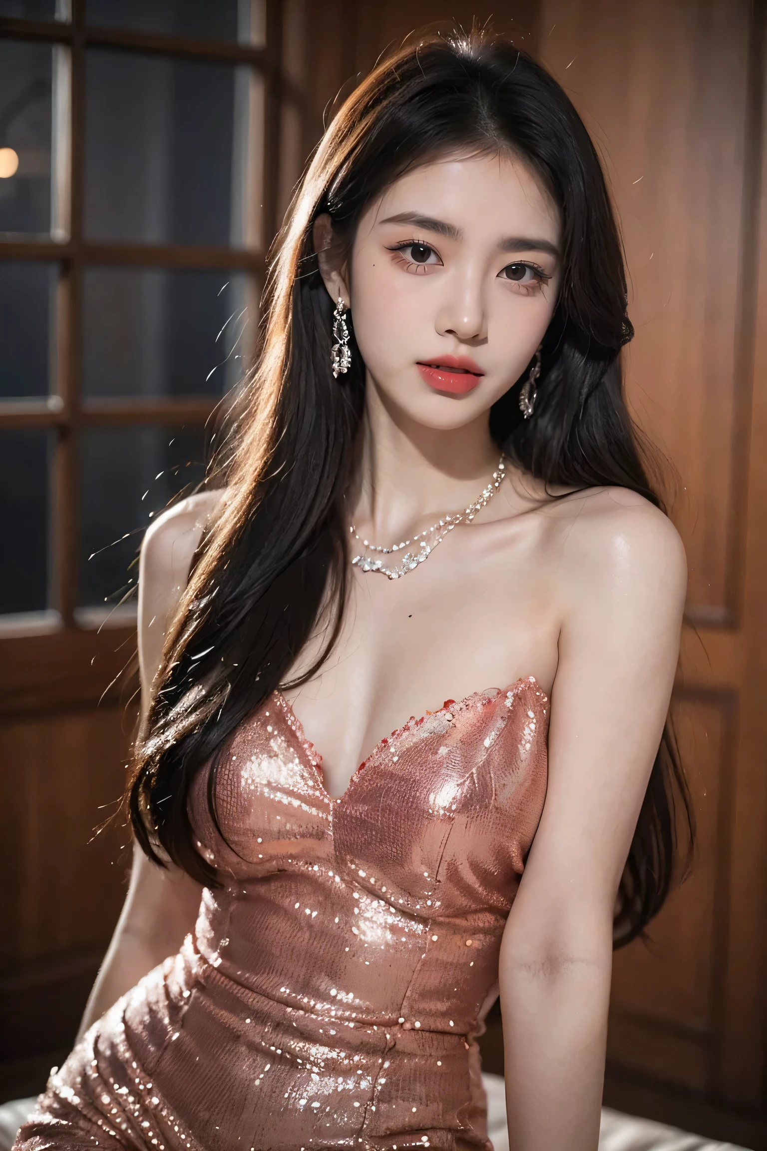 Top CG, Highest image quality, masterpiece, Delicate and delicate beautiful girl, (185cm美女), (Slender figure), Imperial sister, Queen temperament, White skin, ((Long legs)), perfect facial features, Bright Eyes, Seductive pose, Red lips, Beautiful and cold (A major breakthrough)), Beautiful and heroic, Soft and long hair, Glittering, lace, net, Visible through see-through skin, wear glasses, diamond earrings, ruby necklace, (evening dress), 8K Image Quality, (Realistic Portraits), Characters fill the screen, (Facial lighting), ((permanent)