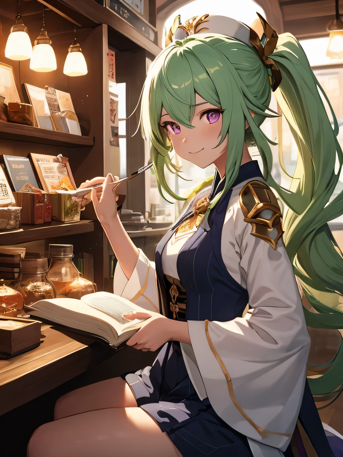 man in a tea shop, sitting down, reading a book, male, green hair, long hair, high ponytail, detailed eyes, keqing from genshin impact, genshin impact character, genshin, baizhu li from genshin impact, ayaka game genshin impact, genshin impact, shadowverse style, genshin impact style, light green hair, purple hanfu, anime background, tea shop, warm, ambient light, golden motes, small smile, warm light