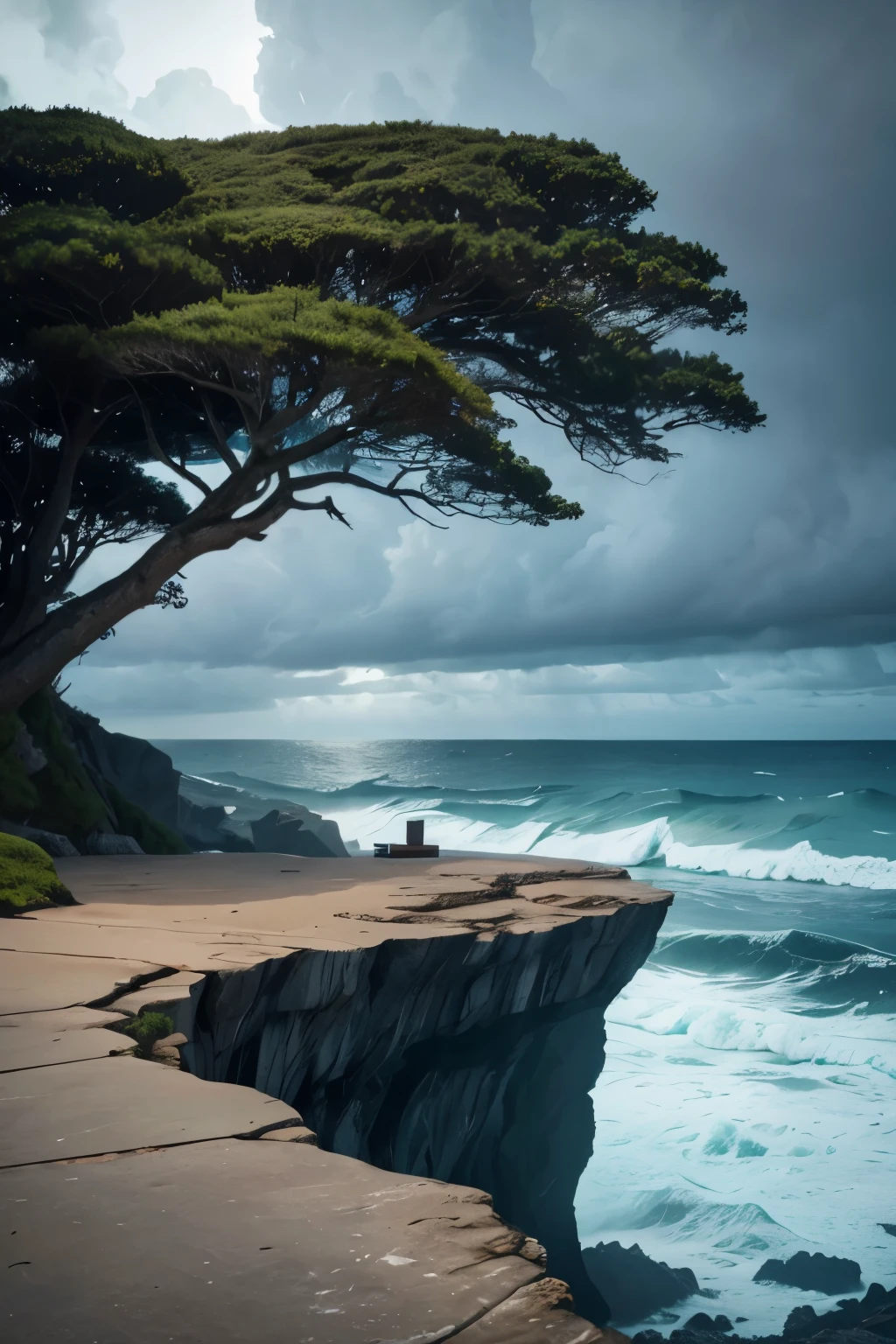 the sea hits the cliff shore, there is a writer&#39;s desk on the rock, there is a big old tree above the table, tree on a rock, Storm at sea