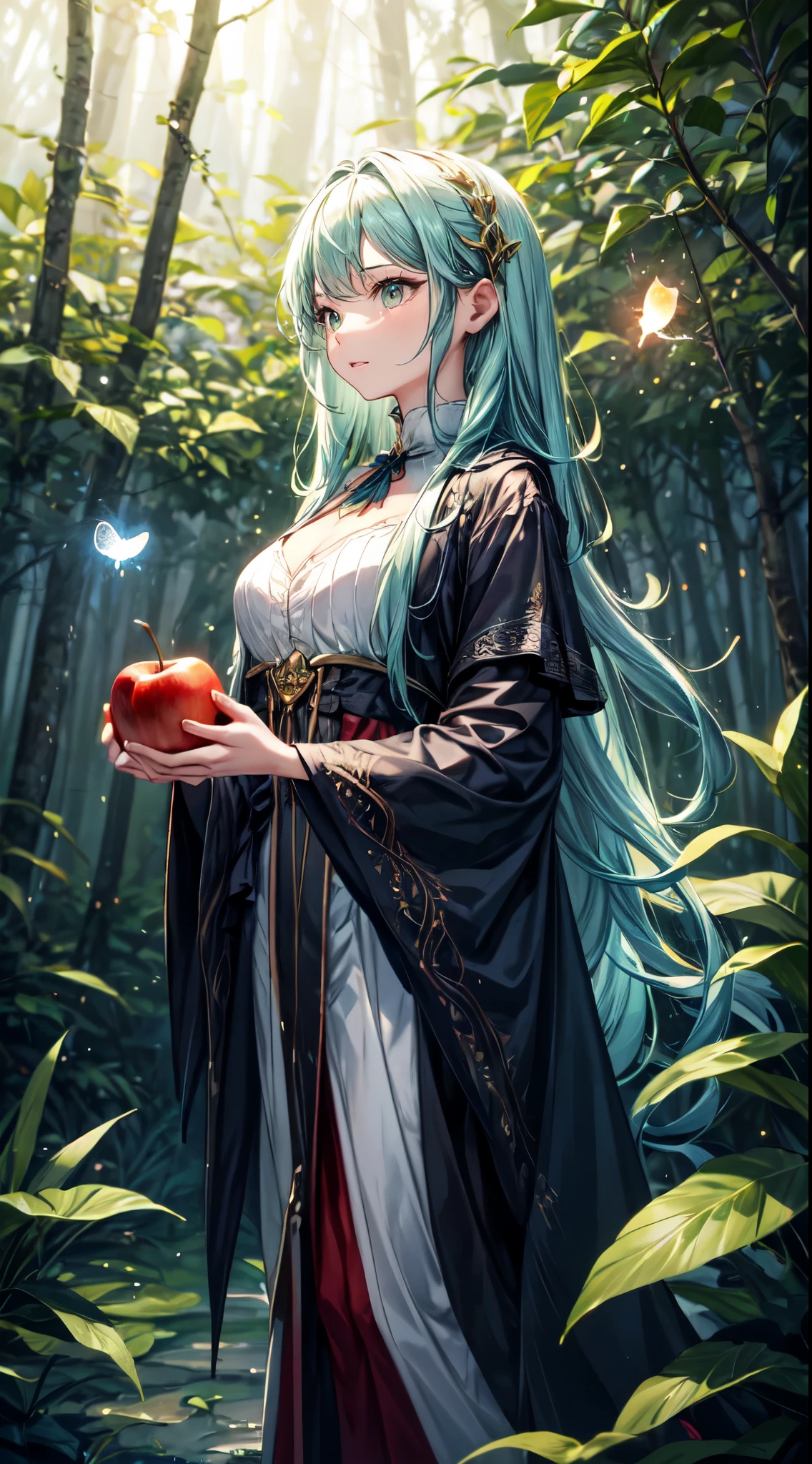 (best quality), (masterpiece), (detailed), 4K, Fantasy style, Young witch1.3, wearing a (gorgeous and mysterious robe1.2), with a (focused and curious expression1.2), holding a (glowing apple1.3), Mystical forest1.3 background with (strange plants1.2) and (glowing fireflies1.2), Vibrant colors1.2 with a (green and blue theme1.2), reminiscent of scenes from Harry Potter1.1