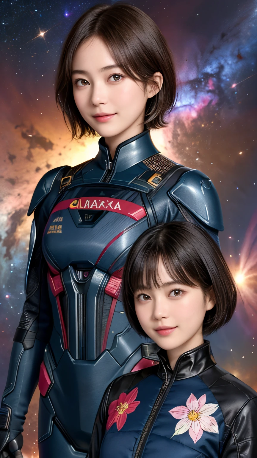 211 Short Hair, 20-year-old woman, Floral, A kind smile, 未来的なClothes装, machinery suit, (The background is a galaxy and nebula), (Top and bottom are separated々Clothes)