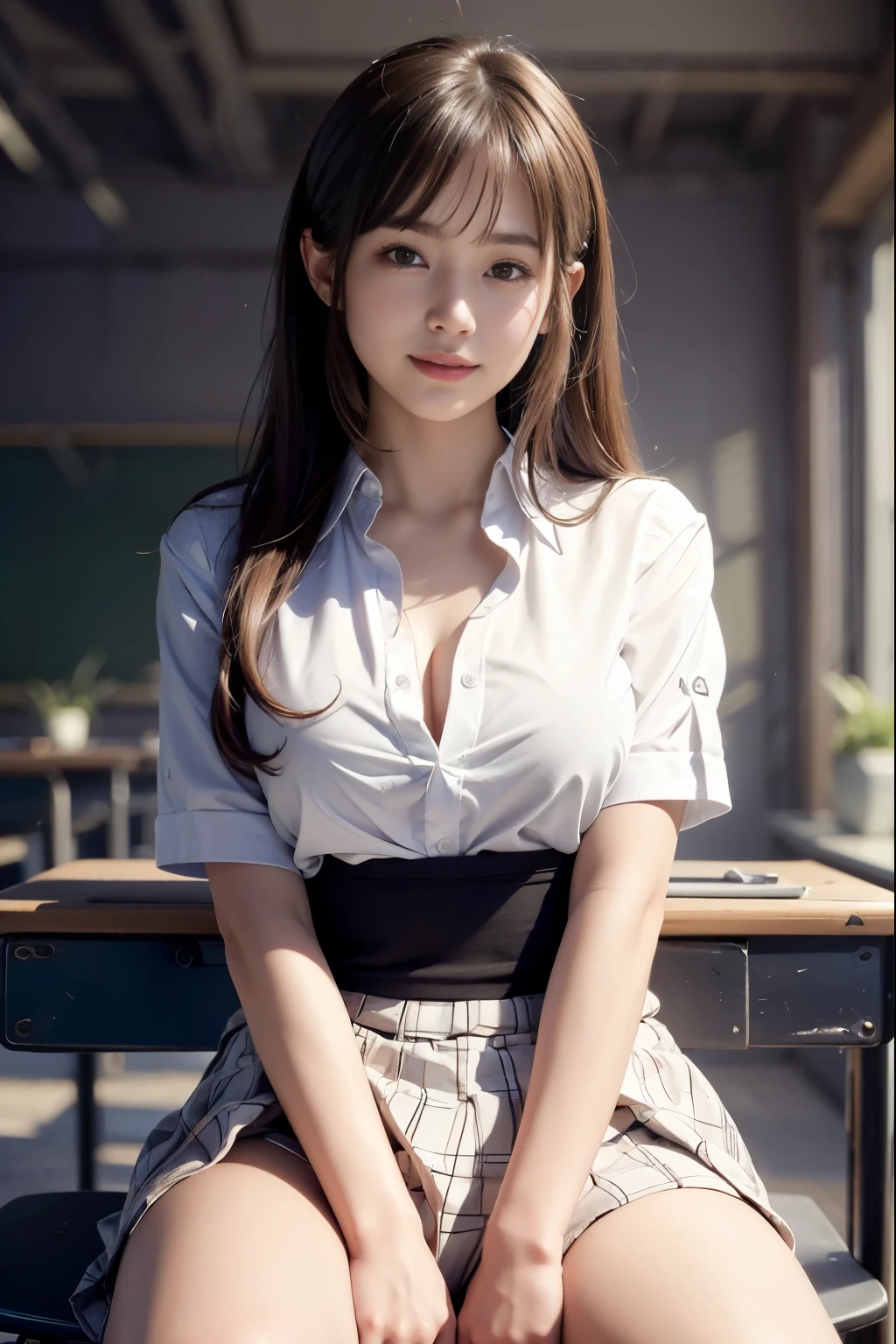 (reality: 1.4),highest quality, masterpiece, high detail, 16K quality, beautiful, 1 beautiful girl,japanese,super beautiful face,baby face,japanese idol face,cute face,super detailed face,detailed hand,beautiful skin,oily skin,big eyes,profeccional lighting,long hair,black hair,brown beautiful eyes, big breasts, white blouse,open button,(checked mini skirt),white panties,(showing panties),black high socks, Sitting with Knees Up on desk,(spread legs), blush, she is looking at the camera,big smile, classroom, nsfw,from below,standing,skirt lift,