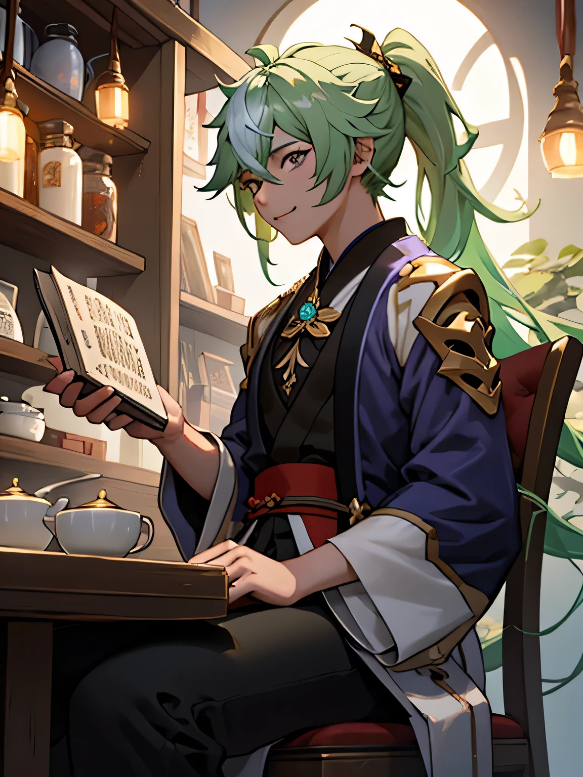 man in a tea shop, sitting down, reading a book, male, green hair, long hair, high ponytail, detailed eyes, keqing from genshin impact, genshin impact character, genshin, baizhu li from genshin impact, ayaka game genshin impact, genshin impact, shadowverse style, genshin impact style, light green hair, purple hanfu, anime background, tea shop, warm, ambient light, golden motes, small smile, warm light