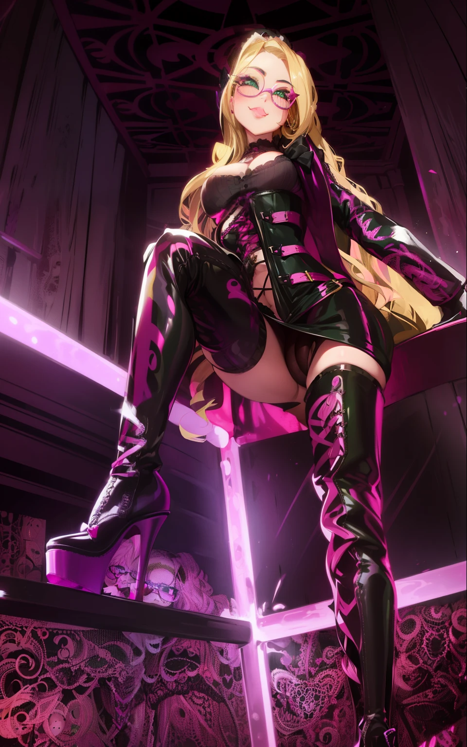Long wavy blonde hair, green eyes, glasses, pink bow,  massive , big ass, juicy lips, big lips, droopy purple eyes, massive lashes,smiling, ((platform boots)), gothic clothes, dark makeup, lace, corset, ((plain background))
