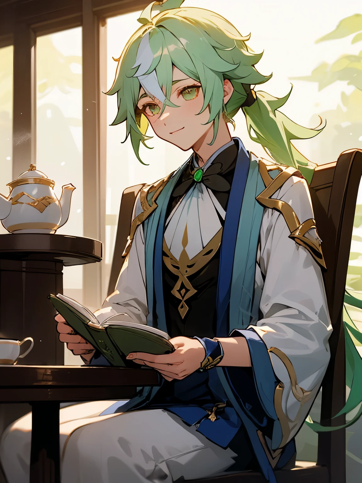 man in a tea shop, sitting down, reading a book, male, green hair, long hair, high ponytail, detailed eyes, keqing from genshin impact, genshin impact character, genshin, baizhu li from genshin impact, ayaka game genshin impact, genshin impact, shadowverse style, genshin impact style, light green hair, purple hanfu, anime background, tea shop, warm, ambient light, golden motes, small smile, warm light