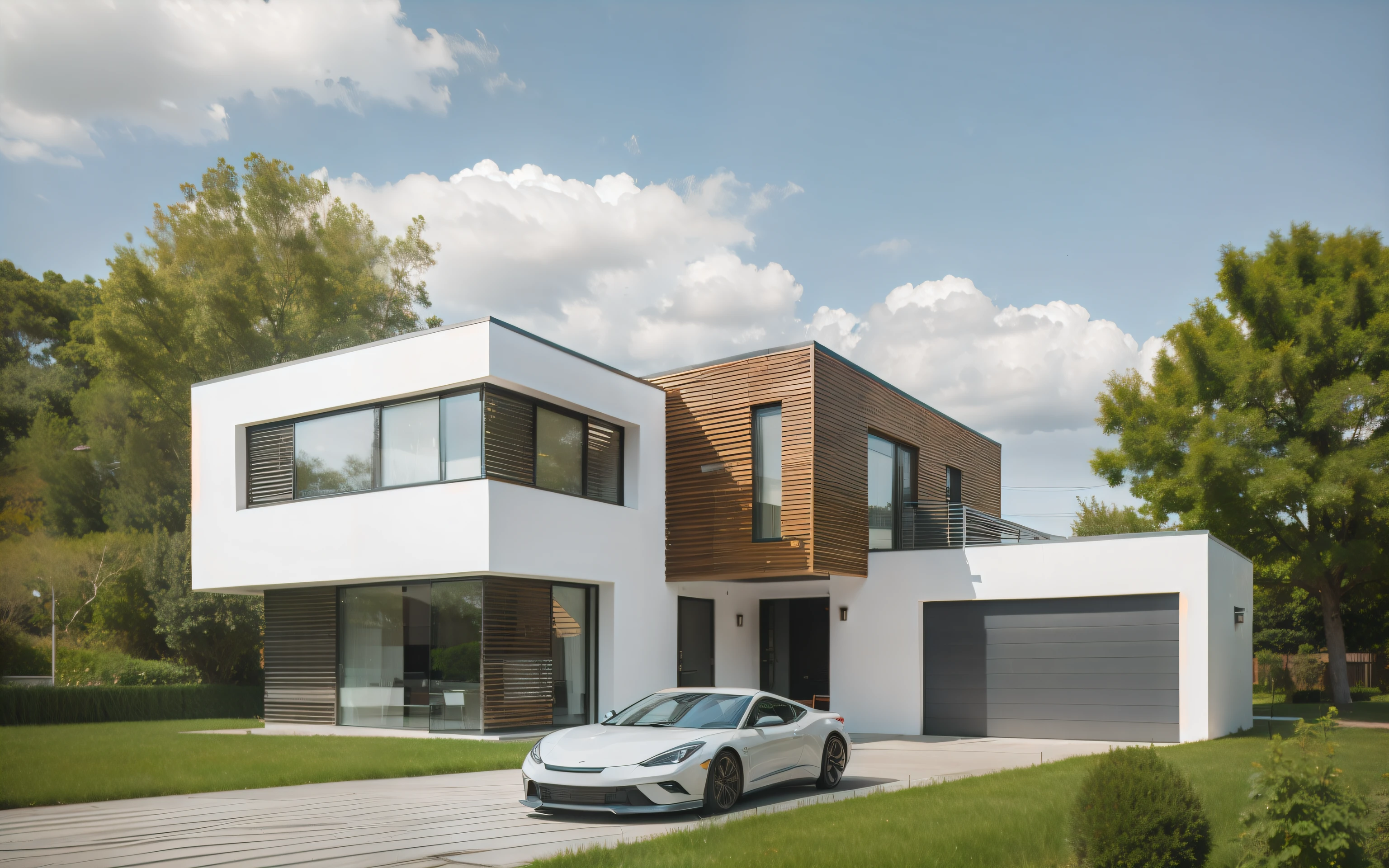 arafed white car parked in front of a Modern House, Contemporary Houses, concept house, Modern House, Modern House in the wood, high quality Rendering, precise architectural Rendering, Large Modern House, Building rendering, Rendering, Building 3D Rendering, Architectural Visualization, architectural Rendering, Brightness Rendering, Passive House, contemporary architecture, Architectural Visualization, modern style, Ultra modern