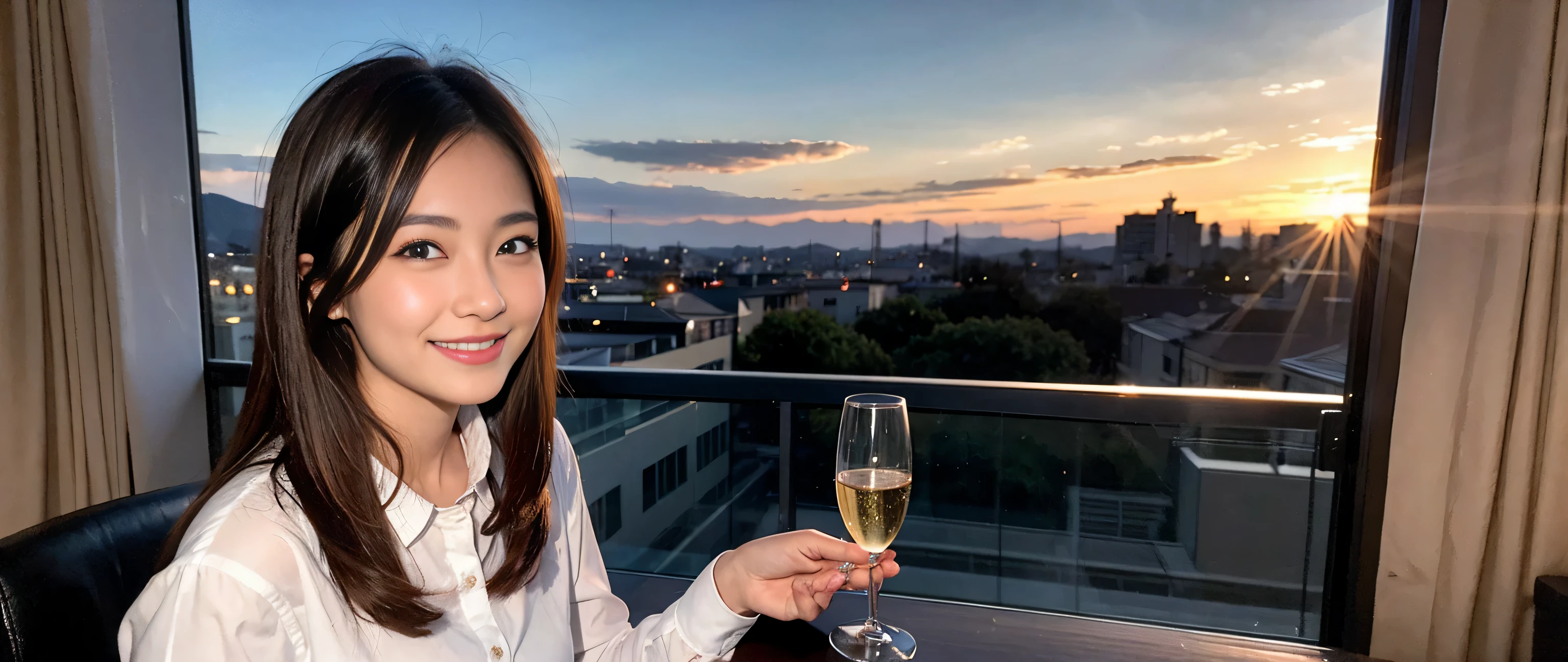 ((highest quality、8k、masterpiece:1.3))、Sharp focus:1.2、Beautiful woman perfect body:1.4、Slim body、((Bob Hale、Straight hair:1.2))、(to be born, highest quality, masterpiece:1.5), (Realistic, Intricate details:1.2), Ultra-high resolution, Spectacular view of the sunset sky and clouds、Amazing mountain views、A bright smile、wine glass、red wine 、Appetizer、Italian food、Wine bottle、Champagne、sparkling wine、, Beautiful Face, blue eyes, The light shines on your face, Blushing, short hair,Bright Face、Fox face、 (36 years old), 39 years old, Lady、Two beauties、brown hair、Shortcuts、Long sleeve shirt、dress、Pretty Woman 1, (slim face), (The body is slim), (brown hair), (Shortcuts), cheeks turn a little red,charming beauty、, Out of the window, A beautiful and detailed night view unfolds.........., restaurant, In a prominent place (From the waist up) Nova Frog Style, actress, model, Upper Body, White wine, slim, wine glass, wine glass placed in the middle, smile, (smile: 1.15), Beautiful fine grain, Depth f/2,saturation, High Contrast, Strong light and shadow,Moist Body:1.5、3D texture、Delicate eyes、brown hair、The hair is very shiny、