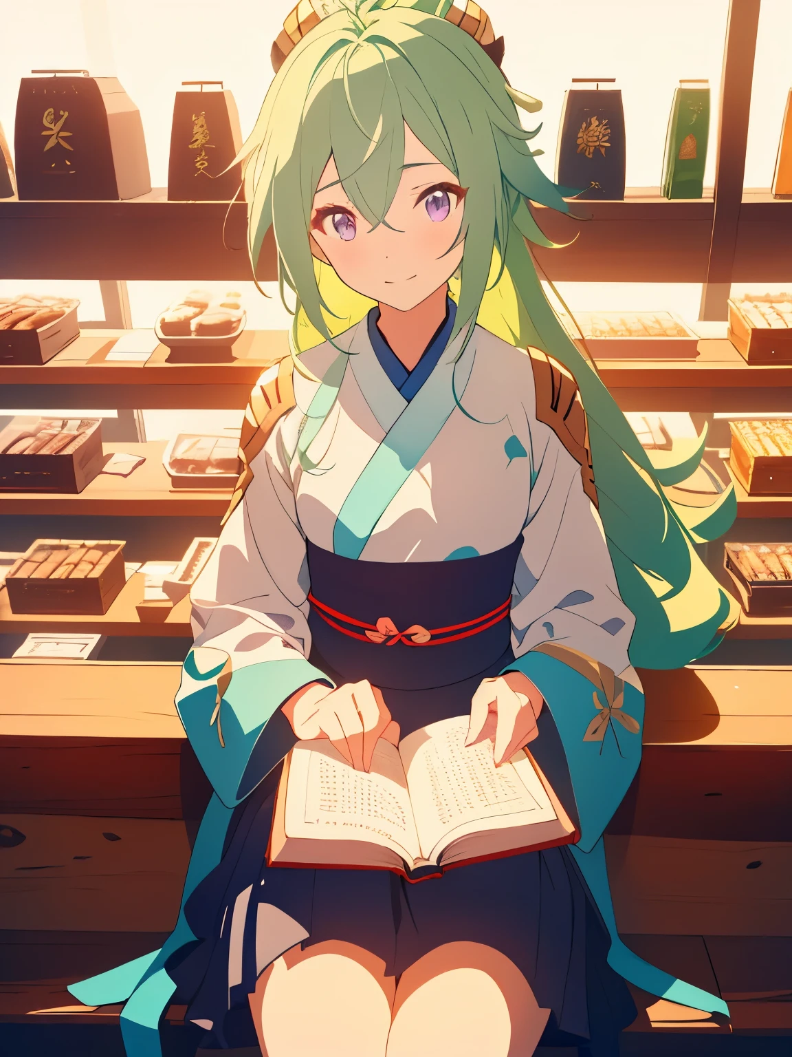 man in a tea shop, sitting down, reading a book, male, green hair, long hair, high ponytail, detailed eyes, keqing from genshin impact, genshin impact character, genshin, baizhu li from genshin impact, ayaka game genshin impact, genshin impact, shadowverse style, genshin impact style, light green hair, purple hanfu, anime background, tea shop, warm, ambient light, golden motes, small smile, warm light