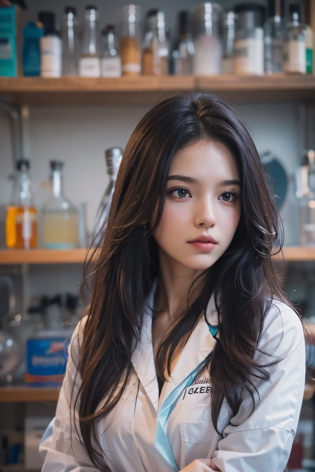 Araped woman in white lab coat in chemistry lab, long straight hair, Cerveza Soft Devil Queen Madison, Violet Myers, No makeup, wavy hair, without makeup, portrait of a girl, Profile picture, Use Instagram Filters, Subtle soft and dim light, flask. chemicals, perfect face, julia sardinian