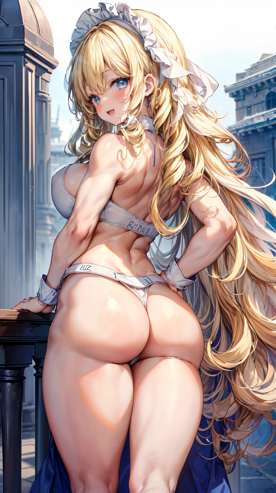Super detailed、highest quality、Best image quality、masterpiece、8K、Anime Face、A kind smile、Open Mouth、Sparkling Blue Eyes、(Long blonde curly hair:1.4)、Wearing a maid headband、(SFW huge body)、(((Rear view)))、Cowboy Shot、(Wearing a white thong:1.5)、Muscles of the whole body、Hands on hips、Stick your ass out