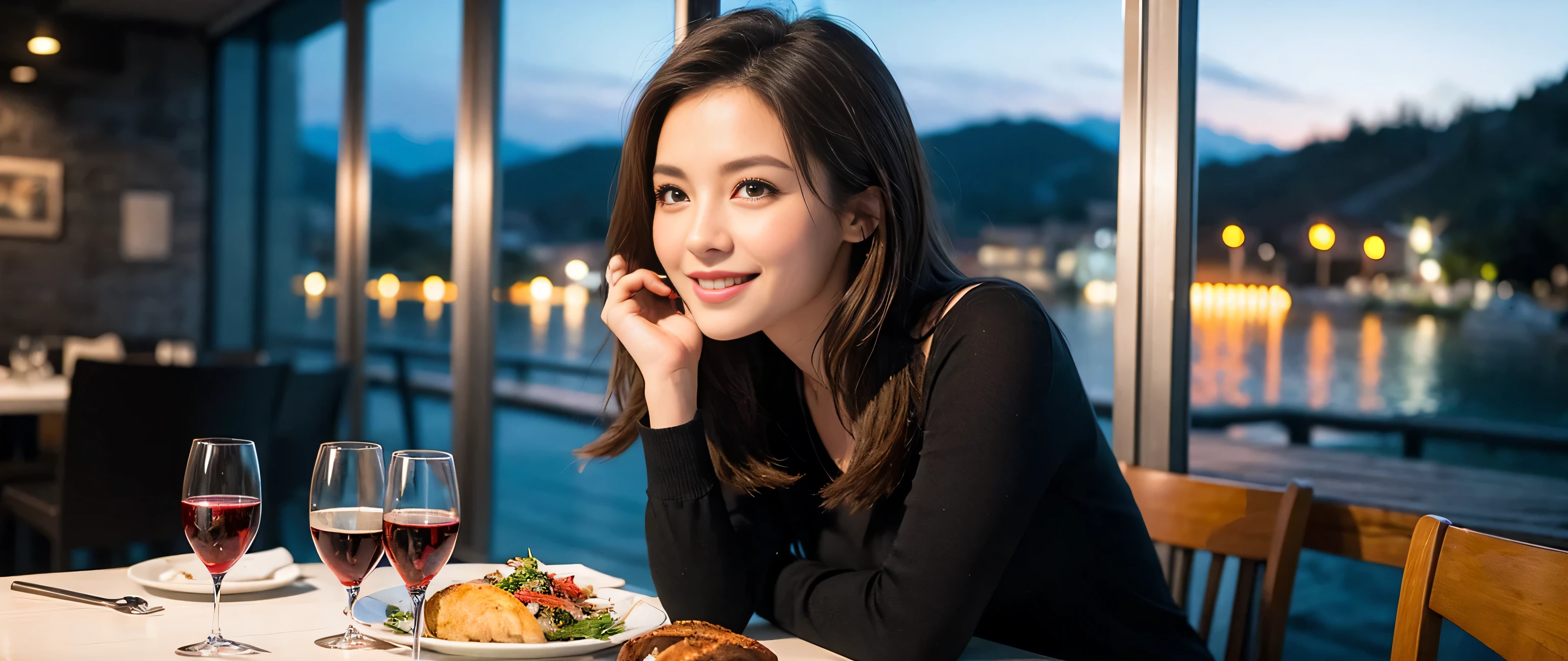 ((highest quality、8k、masterpiece:1.3))、Sharp focus:1.2、Beautiful woman perfect body:1.4、Slim body、((Bob Hale、Straight hair:1.2))、(to be born, highest quality, masterpiece:1.5), (Realistic, Intricate details:1.2), Ultra-high resolution, Spectacular view of the sunset sky and clouds、Amazing mountain views、A bright smile、wine glass、red wine 、Appetizer、Italian food、Wine bottle、Champagne、sparkling wine、, Beautiful Face, blue eyes, The light shines on your face, Blushing, short hair,Bright Face、Fox face、 (42 years old), 39 years old, Lady、Two beauties、brown hair、Shortcuts、Long sleeve shirt、dress、Pretty Woman 1, (slim face), (The body is slim), (brown hair), (Shortcuts), cheeks turn a little red,charming beauty、, Out of the window, A beautiful and detailed night view unfolds.........., restaurant, In a prominent place (From the waist up) Nova Frog Style, actress, model, Upper Body, White wine, slim, wine glass, wine glass placed in the middle, smile, (smile: 1.15), Beautiful fine grain, Depth f/2,saturation, High Contrast, Strong light and shadow,Moist Body:1.5、3D texture、Delicate eyes、brown hair、The hair is very shiny、