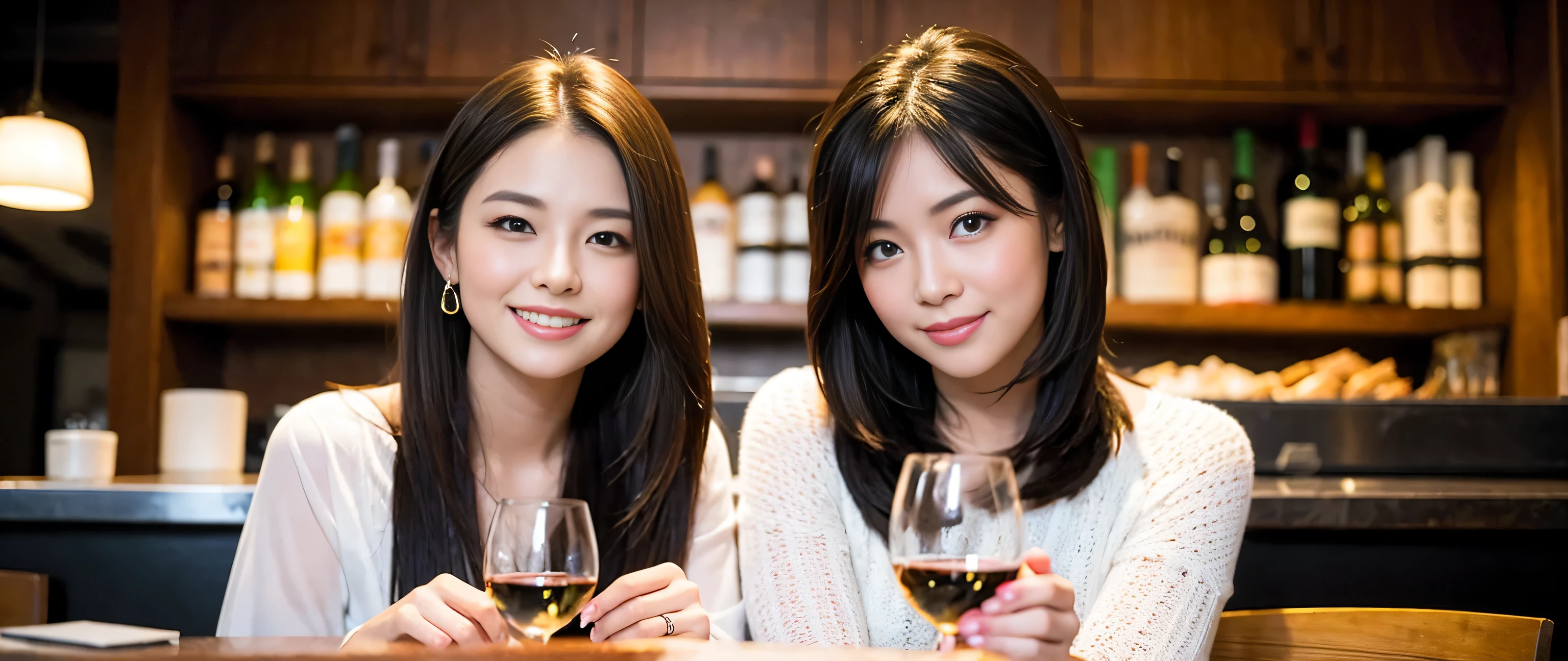 ((highest quality、8k、masterpiece:1.harp focus:1.2、Beautiful woman perfect body:1.4、Sliody、((Bob Hale、Straight hair:1.2))、(to be born, highest quality, masterpiece:1.5), (Realistic, Intricate details:1.2), Ultra-high resolution, Spectacular view of the sunset sky and clouds、Amazing mountain views、A bright smile、wine glass、red wine 、Appetizer、Italian food、Wine bottle、Champagne、sparkling wine、, Beautiful Face, blue eyes, The light shines on your face, Blushing, short hair,Bright Face、Fox face、 (42 years old), 39 years old, Lady、Two beauties、brown hair、Shortcuts、Long sleeve shirt、dress、Pretty Woman 1, (slim face), (The body is slim), (brown hair), (Shortcuts), cheeks turn a little red,charming beauty、, Out of the window, A beautiful and detailed night view unfolds.........., restaurant, In a prominent place (From the waist up) Nova Frog Style, actress, model, Upper Body, White wine, slim, wine glass, wine glass placed in the middle, smile, (smile: 1.15), Beautiful fine grain, Depth f/2,saturation, High Contrast, Strong light and shadow,Moist Body:1.5、3D texture、Delicate eyes、brown hair、The hair is very shiny、
