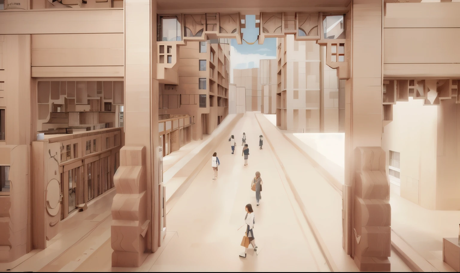 Many people walking in the corridor of the building, architectural visualization, Artistic Impression, Surrealism, Surrealism, The city of the future of mankind, Conceptual art, endless hallways and bookshelves, Unlimited library, Inspired by Joao Artur da Silva, Surrealism, Conceptual, author：Yukika Kosaka, future city streets, 建築Rendering，Rendering