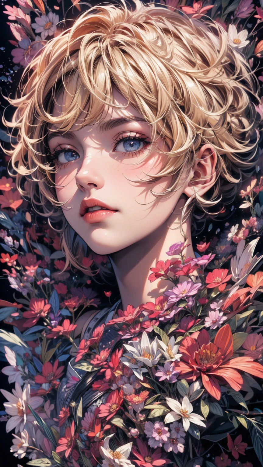 (masterpiece, High resolution, highest quality), Composition from head to thighs:1.3, Upper body focus, 20-year-old woman, Wearing only a large piece of black cloth:1.3, Blonde Hair, Disorganized, Black petals collage, abstract design, artistic juxtapositions, Black Background, mixed-media approach, Fractal Art, Anime Style, simple lines, Digital Painting,