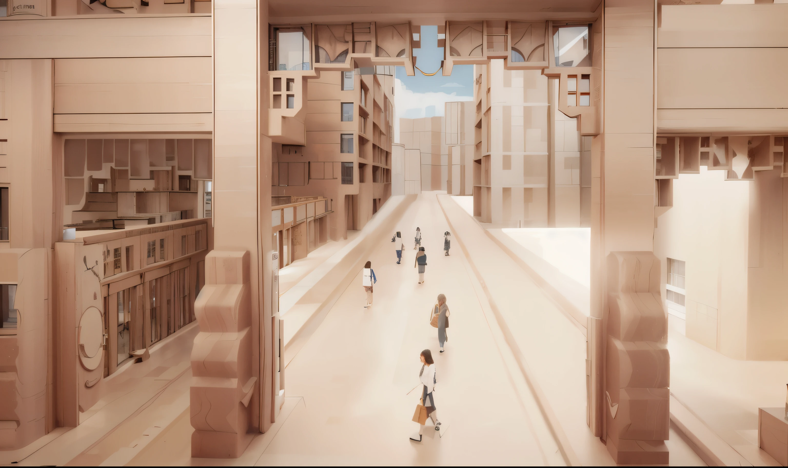 Many people walking in the corridor of the building, architectural visualization, Artistic Impression, Surrealism, Surrealism, The city of the future of mankind, Conceptual art, endless hallways and bookshelves, Unlimited library, Inspired by Joao Artur da Silva, Surrealism, Conceptual, author：Yukika Kosaka, future city streets, ArchitectureRendering，Rendering