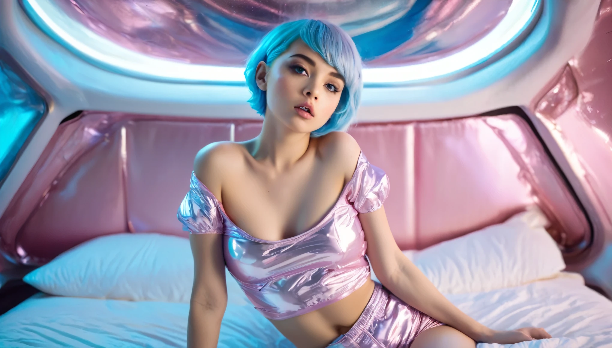 (8K, Raw photography, top-quality, ​masterpiece :1.3), (cute girl in a light pink blue open shiny puffer with short sleeves :1.3), (small perky breasts, extremely detailed face, beautiful detailed eyes, beautiful detailed lips :1.3), (posing anxiously on the bed in a spaceship :1.3) (pixie side shaved hair :1.3), (small perky breasts :1.3)