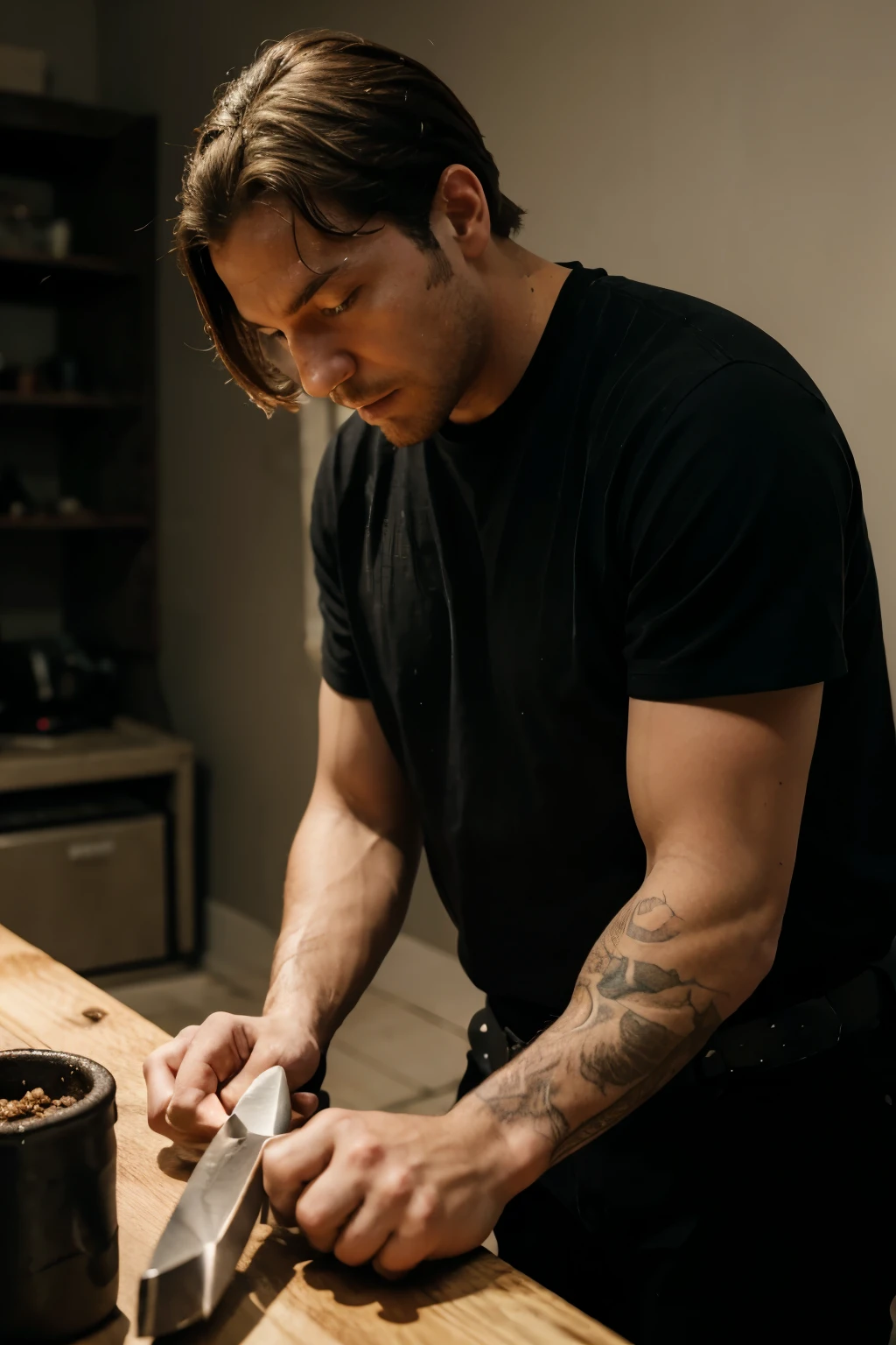 Real image of a latin model man with short black hair athletic body, short beard, shirtless, pants, kneading a dough on a table with flour in a kitchen. natural daylight.