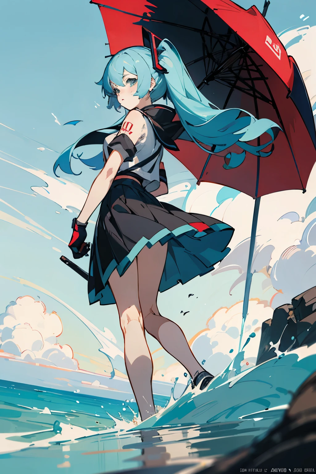 Surrealism, High Detail, Movie Lighting, Ray Tracing, Viewing angle, Eye level shot, Ultra HD, masterpiece, textured skin, 4K, best quality，Hatsune Mikuo，anime girl with blue hair and a skirt walking on a beach, anime girl walking on water, digital art on pixiv, smooth anime cg art, beautiful anime artwork, (anime girl), anime styled digital art, by Yuumei, artwork in the style of guweiz, guweiz, anime artstyle, made with anime painter studio