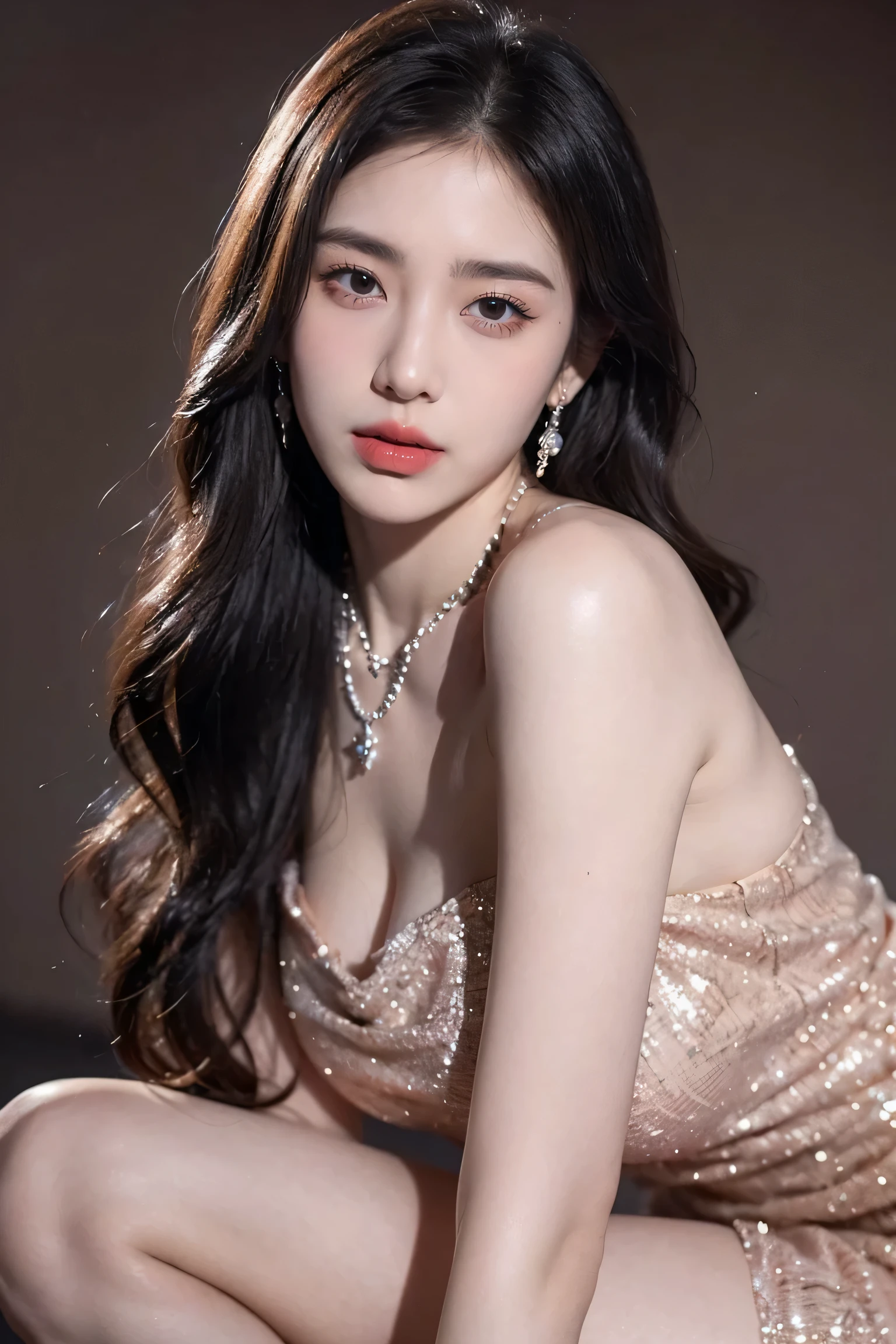 Top CG, Highest image quality, masterpiece, Delicate and delicate beautiful girl, (185cm美女), (Slender figure), Imperial sister, Queen temperament, White skin, ((Long legs)), perfect facial features, Bright Eyes, Seductive pose, Red lips, Beautiful and cold (A major breakthrough)), Beautiful and heroic, Soft and long hair, Glittering, lace, net, Visible through see-through skin, wear glasses, diamond earrings, ruby necklace, (evening dress), 8K Image Quality, (Realistic Portraits), Characters fill the screen, (Facial lighting), ((permanent)
